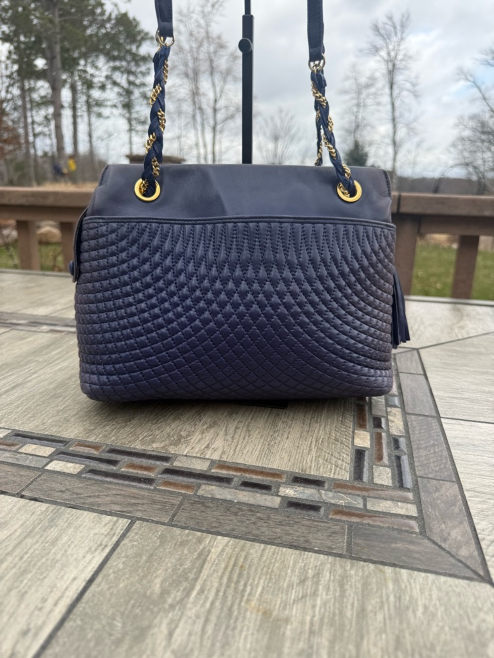 EUC Bally Vintage Soft quilted leather Navy Blue Gold Tassels shoulder Bag - Picture 6 of 15